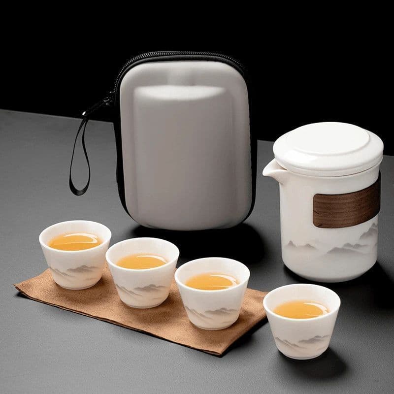 White Porcelain Ink Landscape Travel Tea Set with One Teapot and Four Cups, Portable Outdoor Camping Car Tea Brewer