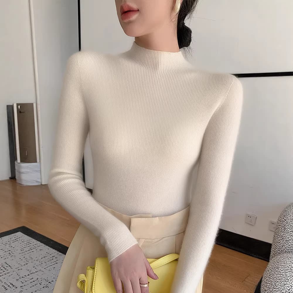 Knitted sweater for women in fall and winter, striped long-sleeved sweater, slim-fitting inner half turtleneck sweater for women