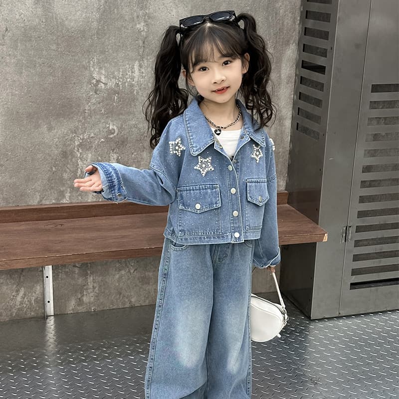 Girls' Denim Set 2025 Spring New Style Stylish Korean Style Short Jacket and Straight Leg Pants Two-Piece Set for Medium and Large Children