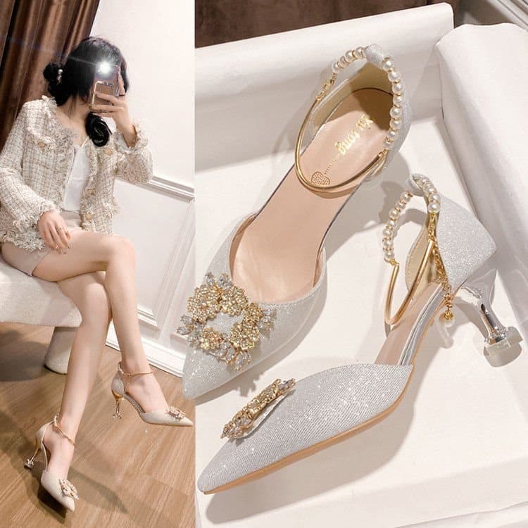 French-Style Crystal Wedding Shoes for Women, Chunky Heel, Niche High-End Champagne Color, Suitable for Brides, Can Be Worn with Wedding Dresses, High Heels