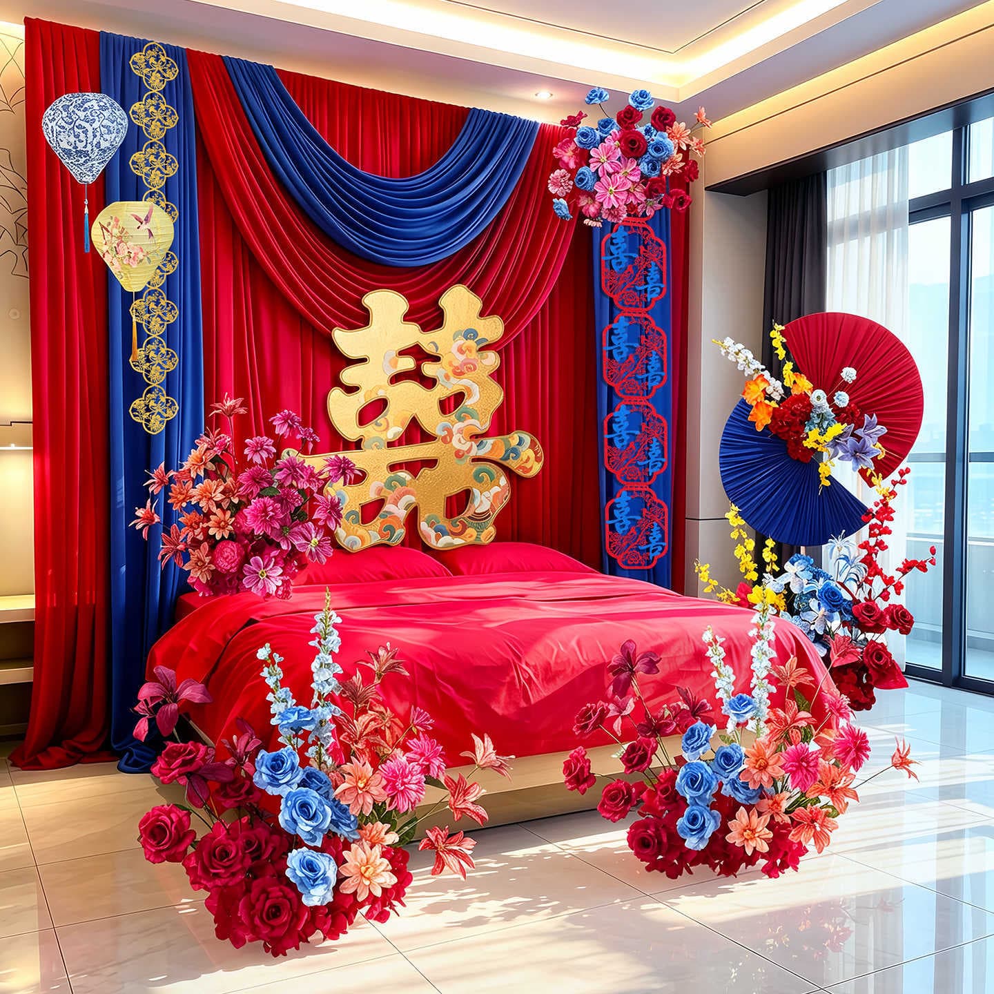 Wedding Room Decoration Bride Bedroom Bedside Character Red Blue Curtain Background Hotel Morning Robe Photo Decoration