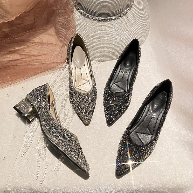 Pointed-Toe Shallow Cut Chunky Heel French Elegance Flats for Women, 2024 New Rhinestone Evening Shoes, High Heel Large Sizes 41-43