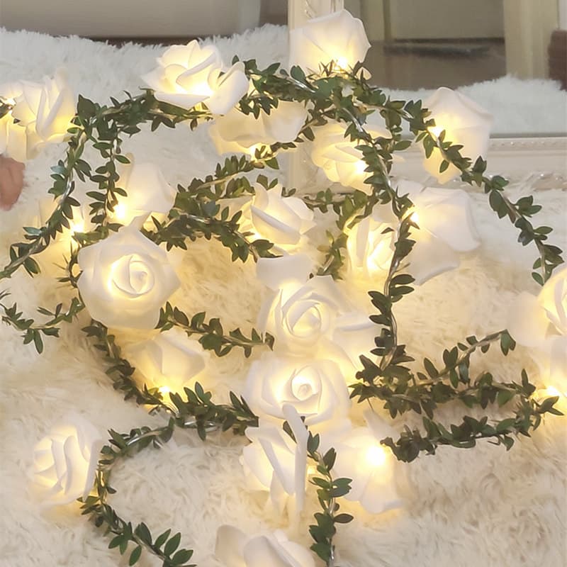 Cross-border delivery of led rose flower string lights simulation green leaves rattan garden Christmas decoration lights proposal atmosphere lights