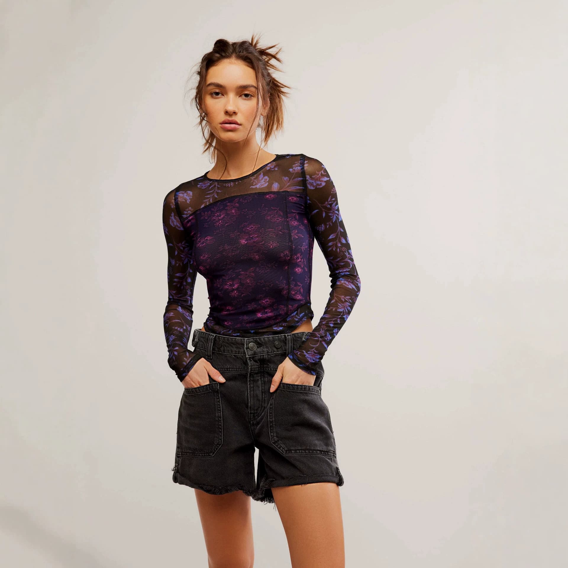 Printed Mesh Long Sleeve Top, Fishbone Waist, Sheer Short Layering Fitted Top
