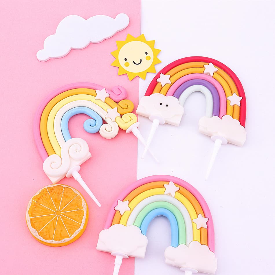 New soft glue rainbow cake with flag rainbow cake decoration star smile rainbow cake pick baking decoration
