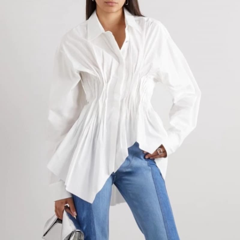 High-end irregular hem fishtail design shirt for women, spring and summer elegant waist-tucking top, Polo collar long-sleeve shirt.