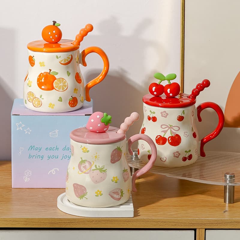 Korean cream style cherry ceramic cup with lid spoon to heal girly heart home couple breakfast coffee mug