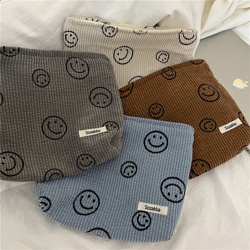 [Ready Stock] 111291 Corduroy Smiley Cosmetic Bag Polka Dot Retro Smiley Storage Wash Clutch Pencil Bag