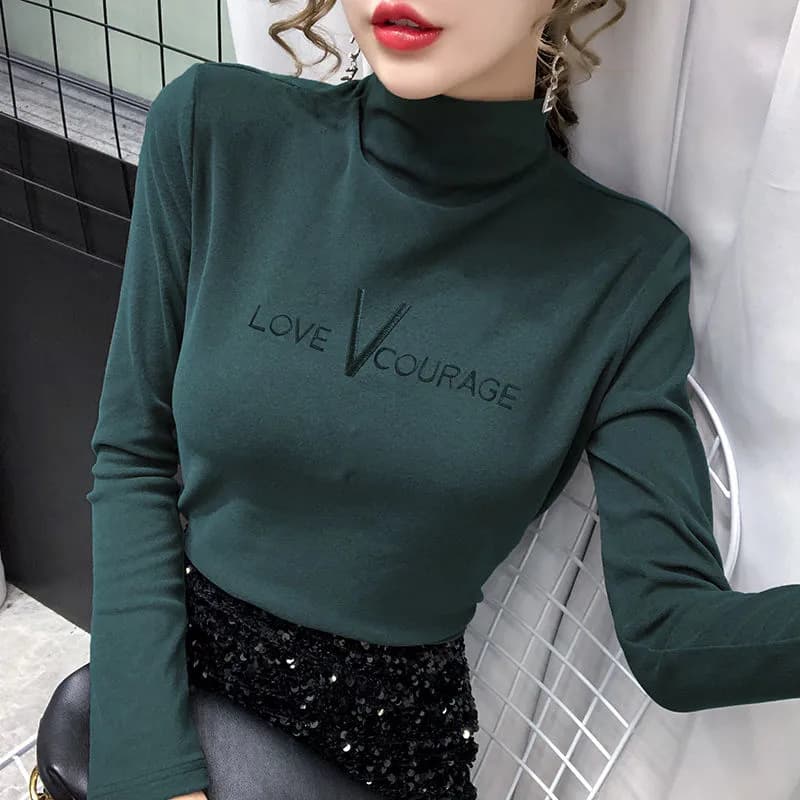 Early Autumn Stylish Ins Velvet Base Layer Top Women Winter Slim Fit Embroidered Half Turtleneck Long Sleeve T-Shirt Inner Wear Trendy