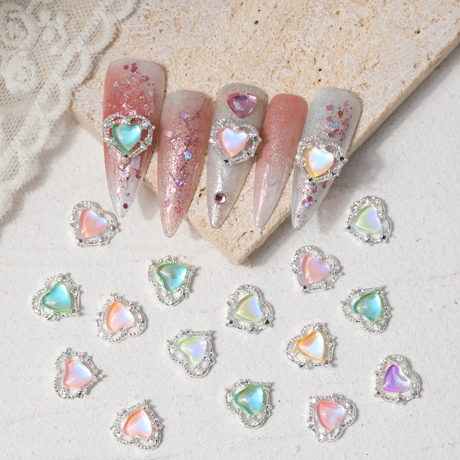 2025 New Love Aurora Nail Art Accessories Sweet and Cute Heart Nail Art Diamond Symphony Nail Ornaments Wholesale