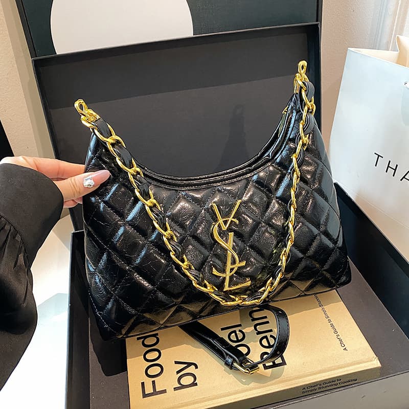 2026 New Women's Simple YSL Chain Underarm Moon Bag Versatile Single Shoulder Crossbody Diamond Quilted Chanel Style