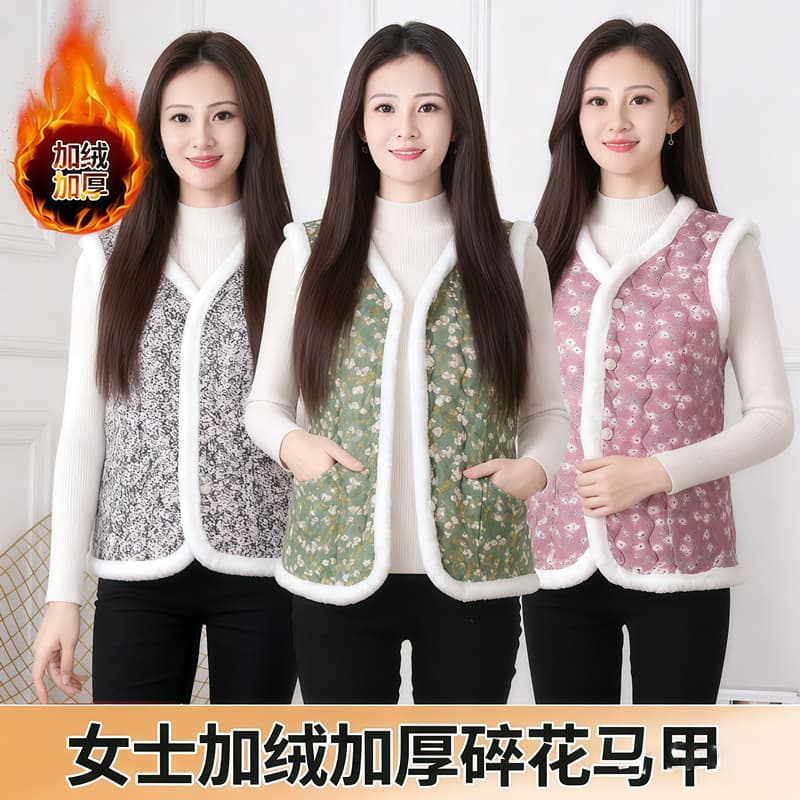 New Chinese-style autumn and winter warm middle-aged and elderly casual cotton vest for women, fleece-lined and thickened mother's outfit sleeveless waistcoat.