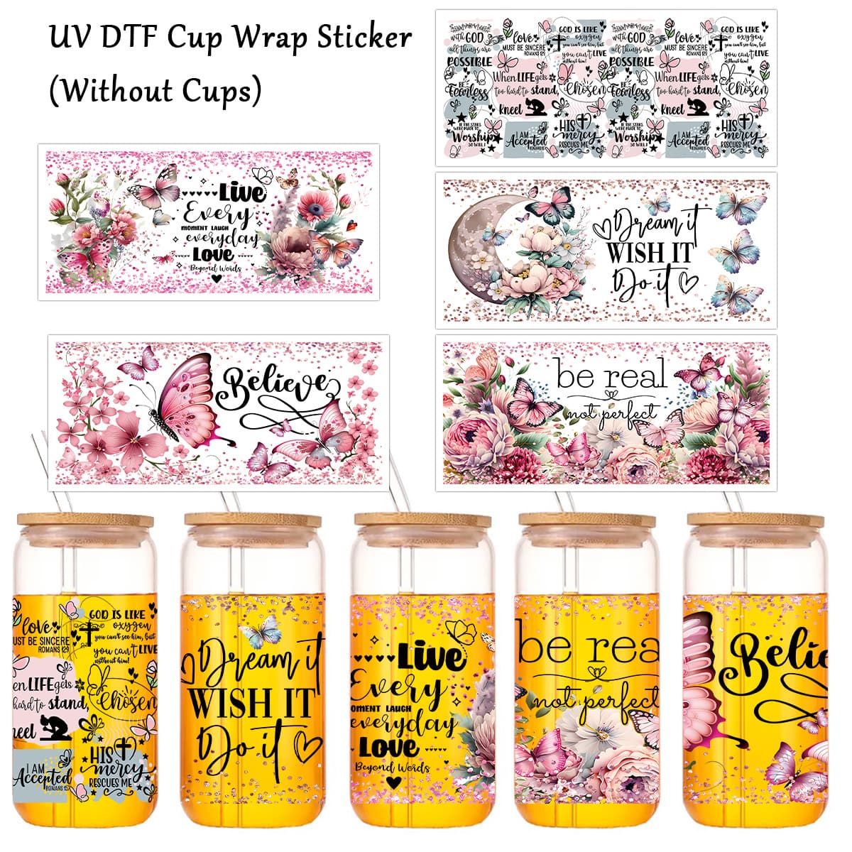Butterfly Flower Crystal Stickers Transparent UV Transfer Labels 16oz UV DTF Glass Cup Stickers Adhesive Decals for Bags