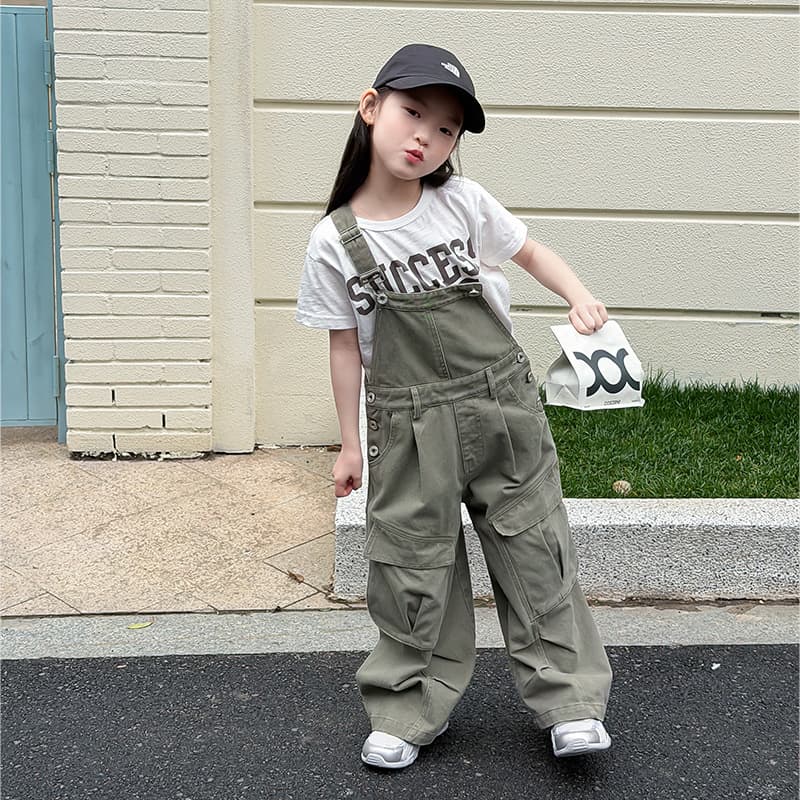 Aimobebe Kids Korean Style Casual Cool Jumpsuit 2026 Spring Girls Pocket Retro Workwear Suspender Pants
