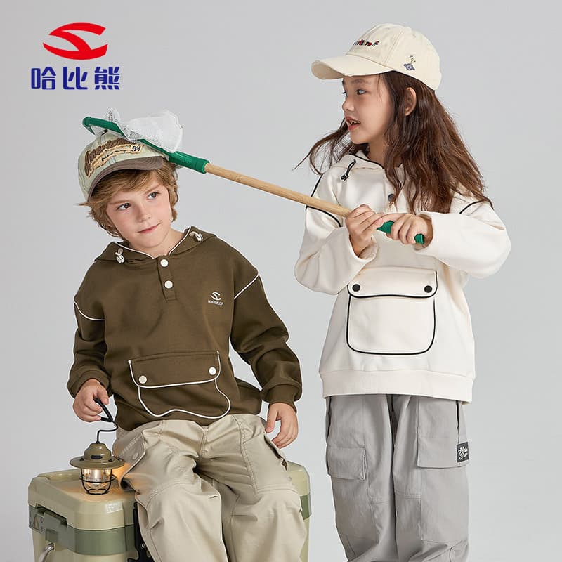 Habi Bear Children's Spring/Autumn New Hoodie with Pockets, Warm Casual Top for Girls and Boys, Middle and Older Kids, Drop Shipping
