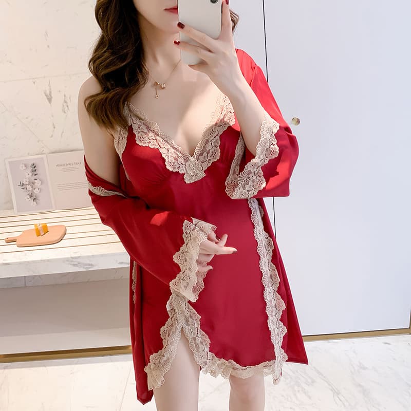 Sexy Pajamas Women's Spring and Autumn Ice Silk Nightgown Red Wedding Bride Morning Gown Two-piece Nightgown with Chest Pad Summer