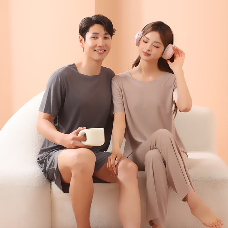 Threaded Ice Silk Homewear Couple Pajamas Sleep Pants Men's Spring Summer Thin Short Sleeve Set Stretch Cool Touch