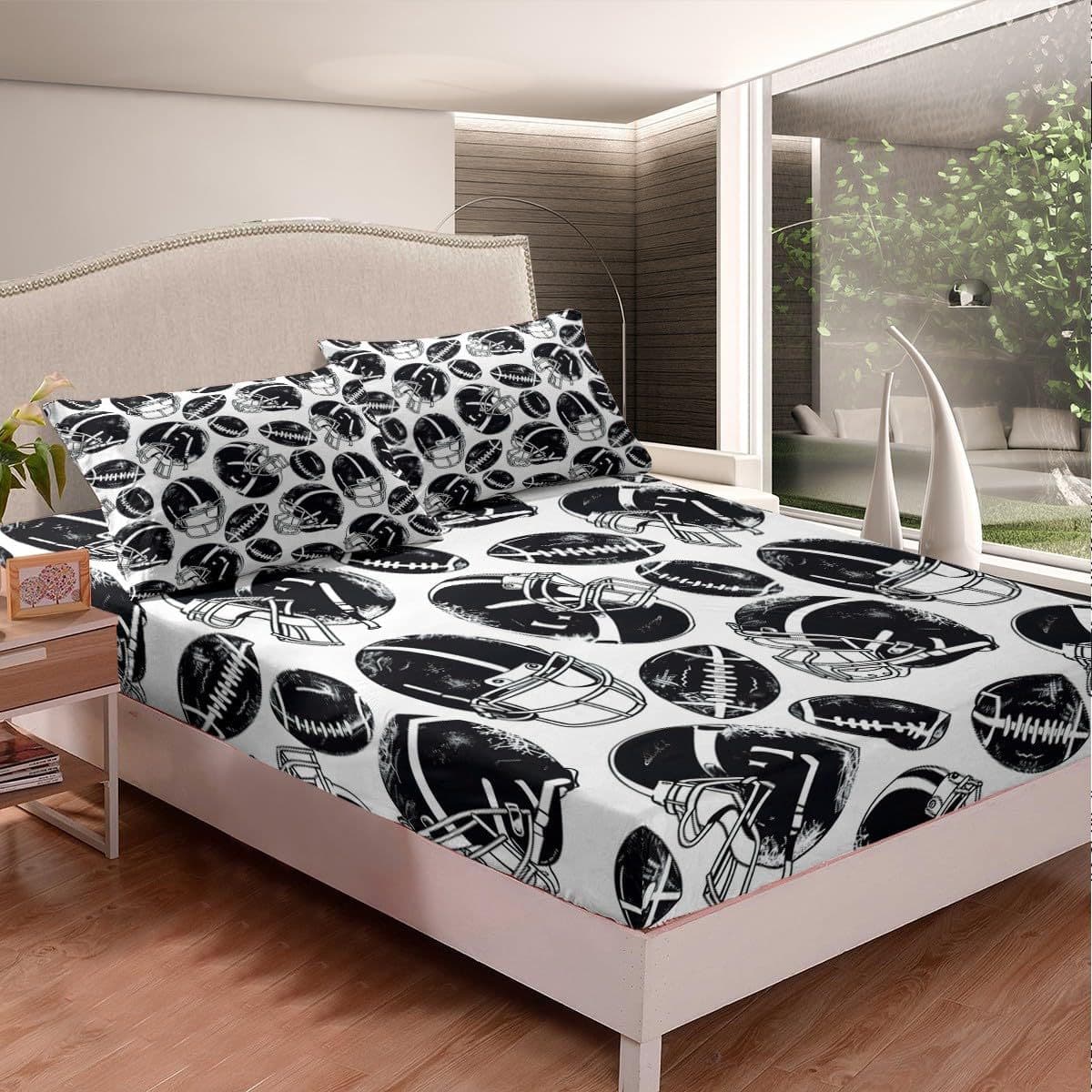Football print bedding set children's sports themed fitted sheets American football pattern fitted sheets 3-piece set