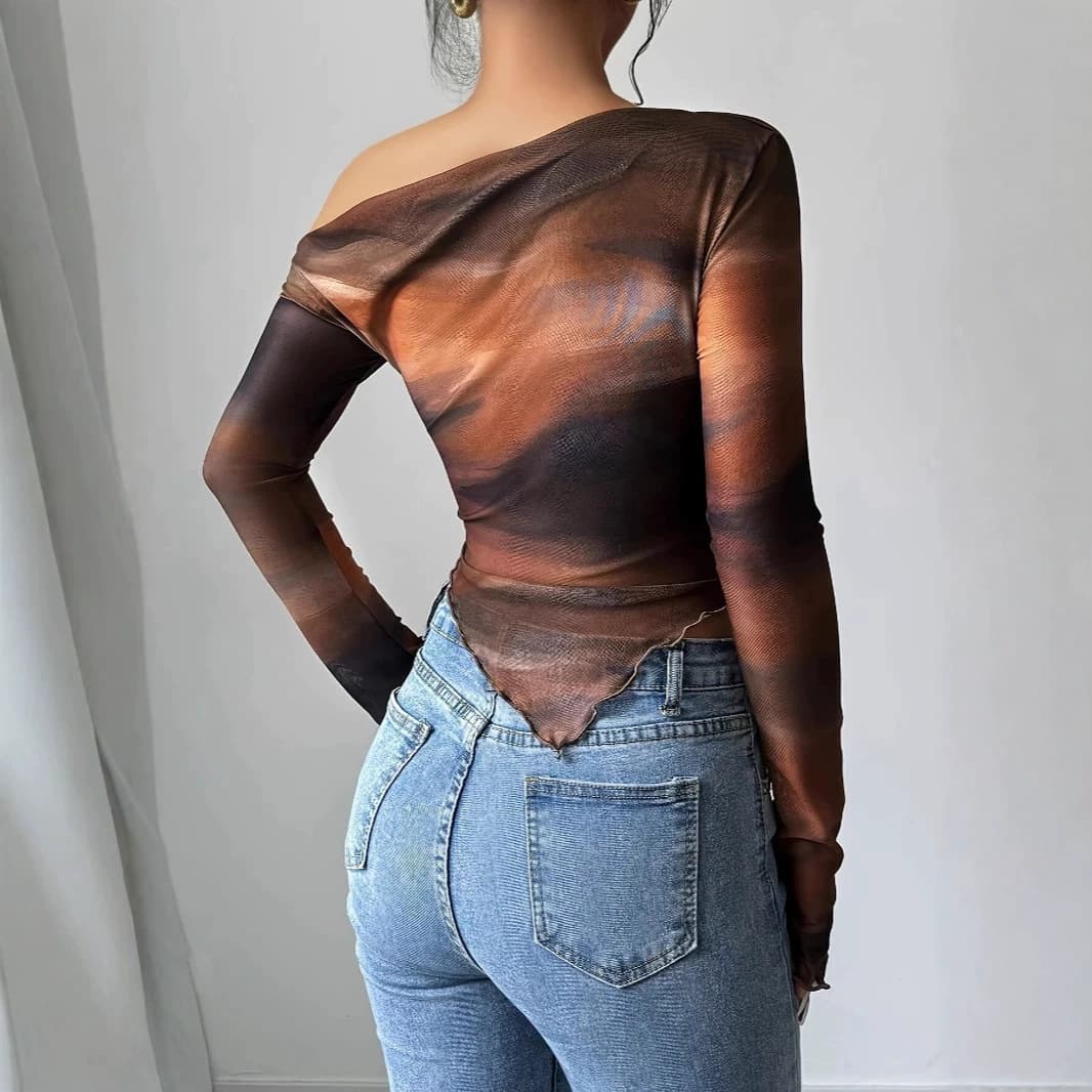 European and American style slanted shoulder smudged mesh top for women slimming hottie style tie-dyed off-shoulder long-sleeved T-shirt bottoming shirt