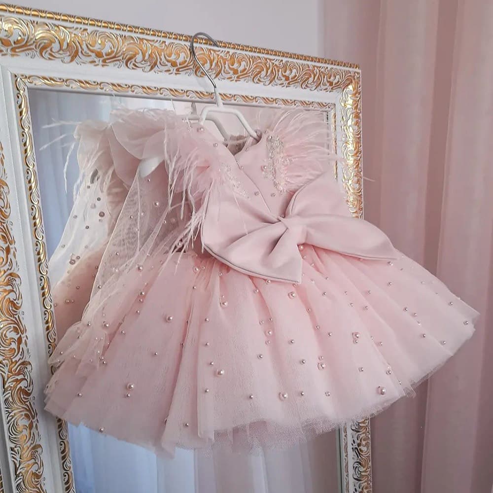 Pink 1st Birthday Girl Dress Long Sleeve Princess Tutu for Spring Party Performance