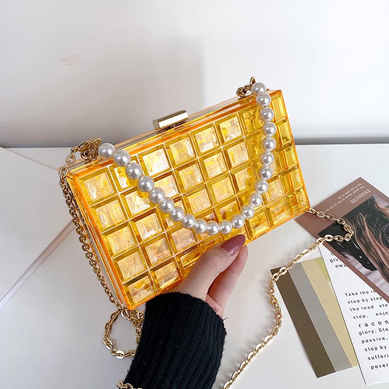 Pearl new rhombus shoulder crossbody bag ins 2024 small fragrant style woven handbag acrylic women's bag