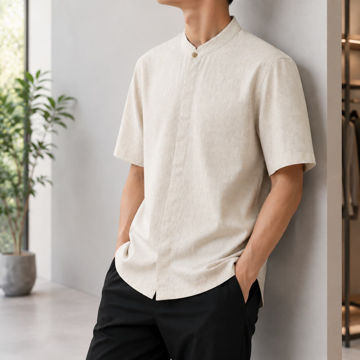100% Natural Linen Old Money Style Short Sleeve Shirt Men T-Shirt Breathable Quick-Dry Mandarin Collar Shirt Men Wholesale