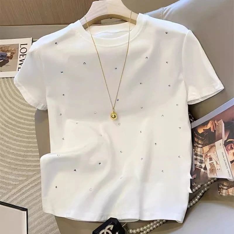 40-Count Pure Cotton Ribbed Elastic Shoulder-Neck Regular New Style White Rhinestone Round Neck Short-Sleeve T-Shirt for Women, Summer Versatile