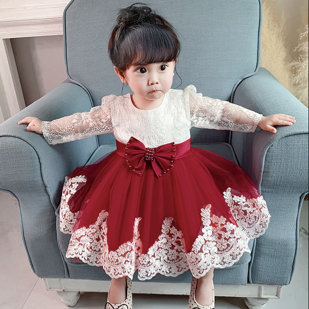 2024 New European American Style Baby Long Sleeve Bow Princess Gown For 1-year-old Children Infant Girls Party Dress