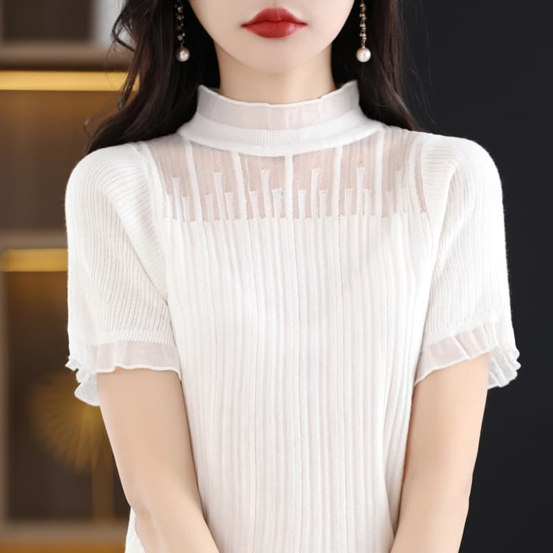 High-Quality 6 Wool New Lace Trim Chiffon Blouse Women's Fashion Youthful Short Sleeve Inner Wear Air Conditioning Vest T-Shirt Base Layer