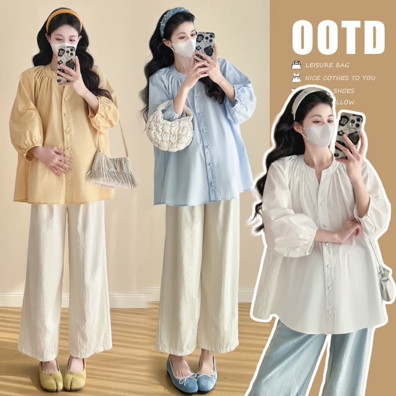 In Stock Maternity 2026 Early Spring New Style Loose Casual Shirt + Comfortable Pants Light Blue Cream Yellow