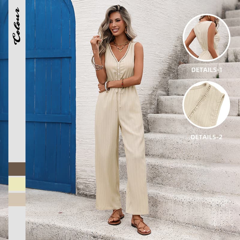 European and American foreign trade 2026 new style holiday casual simple style jumpsuit solid color textured sleeveless jumpsuit