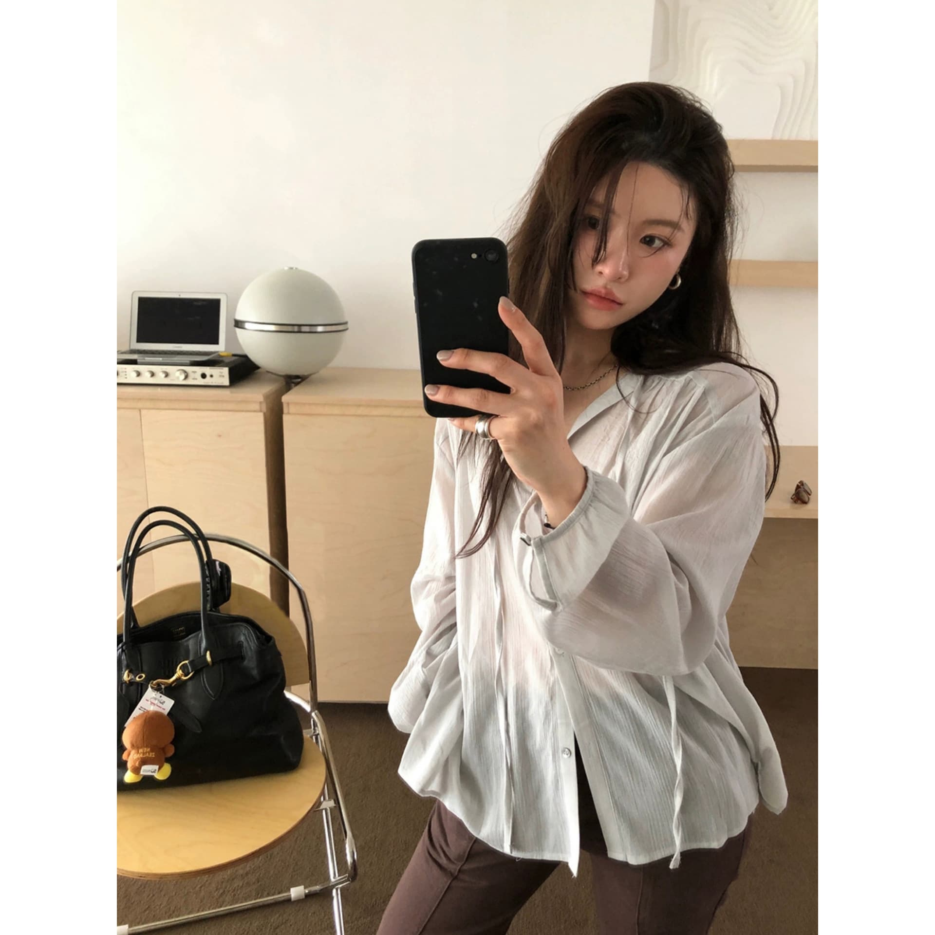 2026 Summer New Korean Designer Lond*n Flat Chic V-Neck Tie-Up Sun Protection Shirt