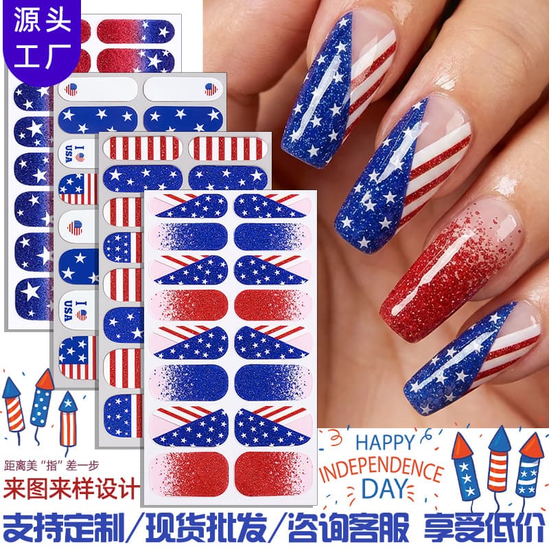 Zhengxiang Cross-Border New American Independence Day Nail Polish Film Nail Stickers European and American USA Flag Star Glitter Nail Stickers