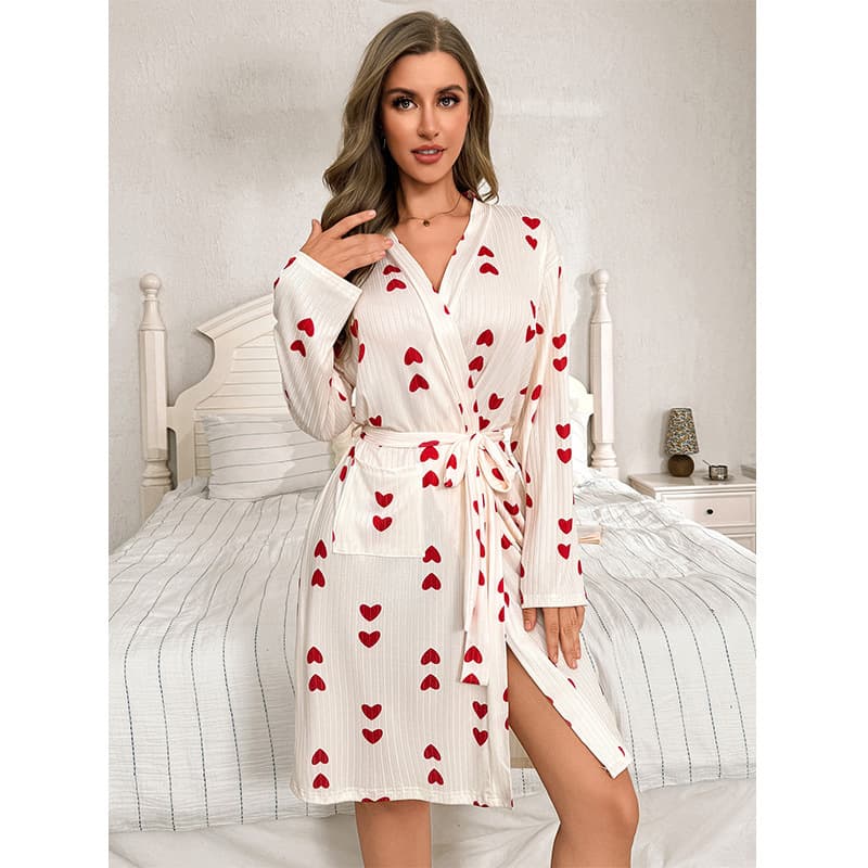 Cross-border Europe and America Long Sleeve Heart Print Loungewear Autumn and Winter Women's New Loungewear Four Seasons Robe