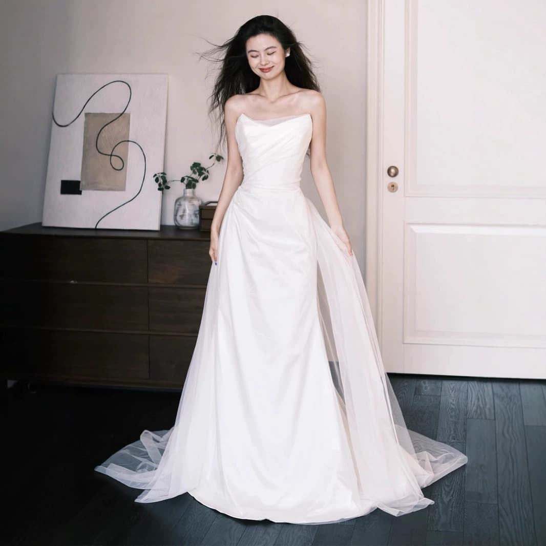 French White Strapless Light Wedding Dress, Satin Wedding Exit Dress, Forest Retro Engagement Toast Gown, Premium Elegant