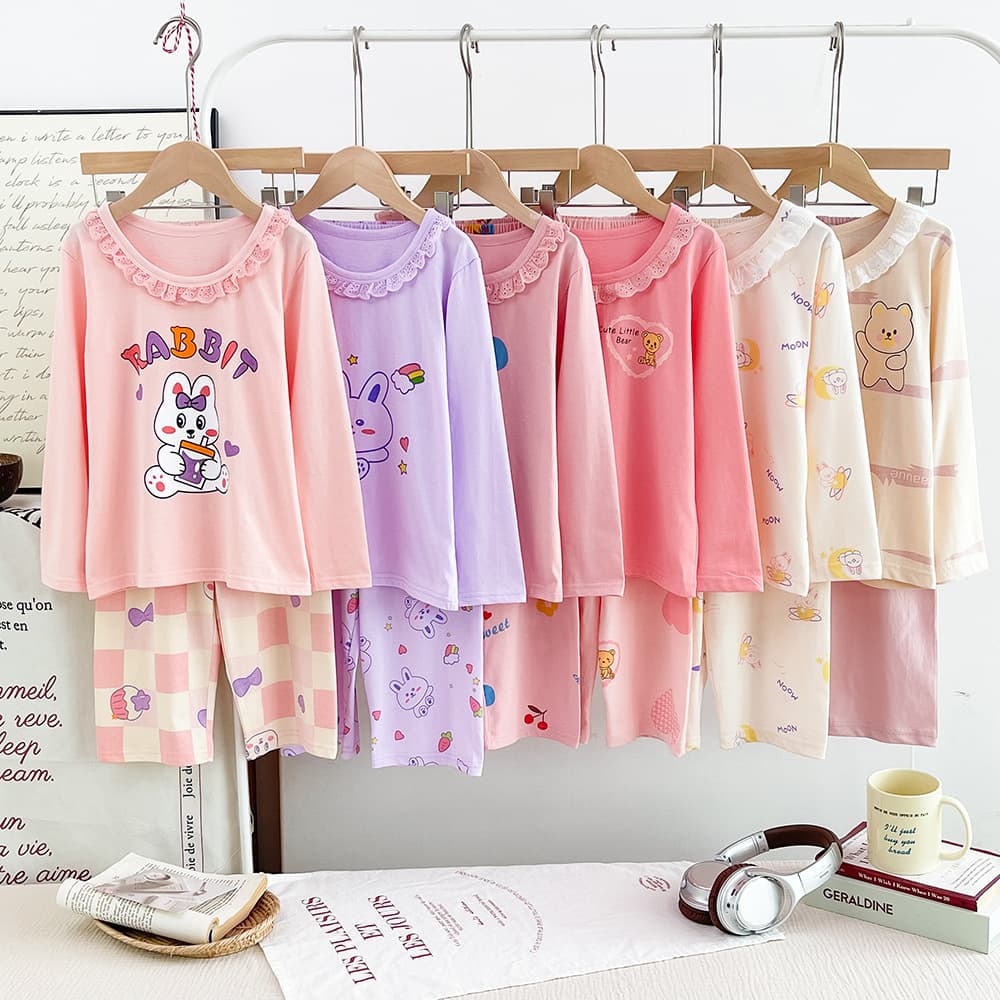 Girls Summer Sleepwear Pure Cotton Long Sleeve Pants Children Antibacterial Home Clothes Small Girl Air Conditioner Suit Set Thin
