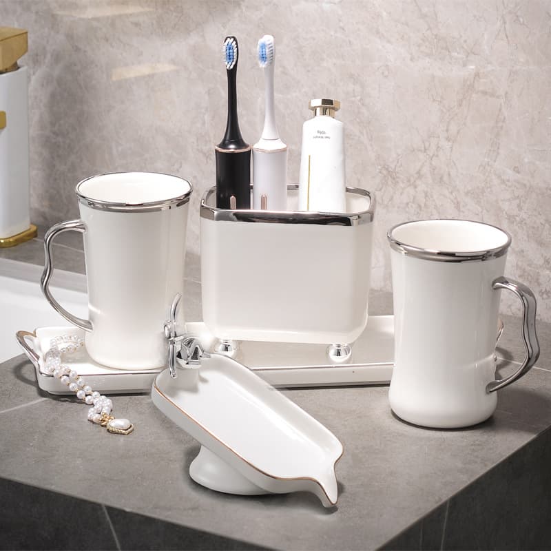 New Simple Ceramic Toothbrush and Mouthwash Cup Set for Bathroom, Couples Toothbrush Cup, Wash Cup with Toothbrush Holder Shelf