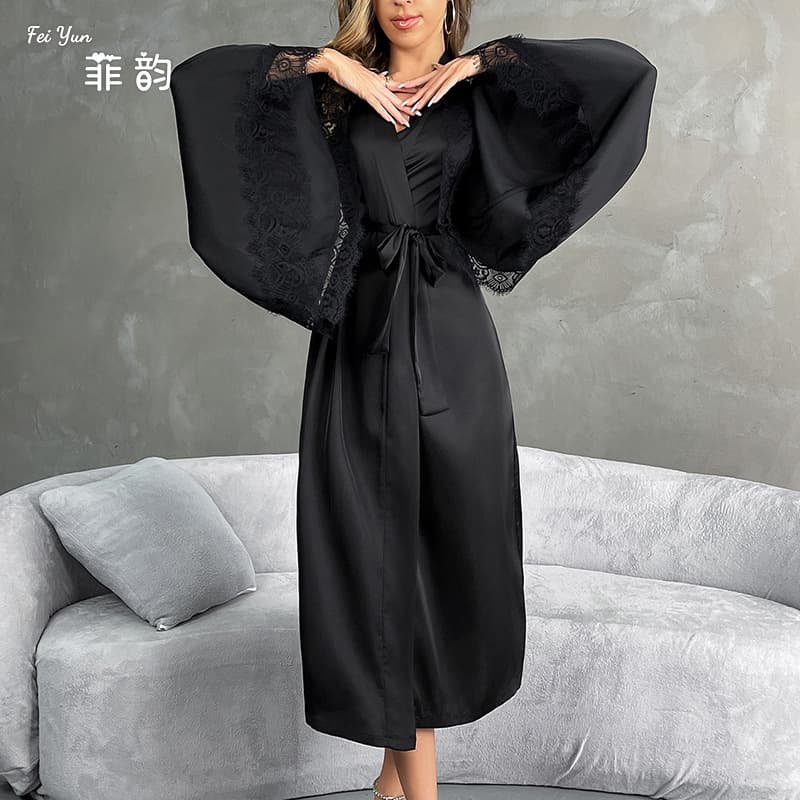 European American Lace Bell Sleeve Luxurious Satin Robe Women Long V-Neck Tie Side Slit Loungewear 706
