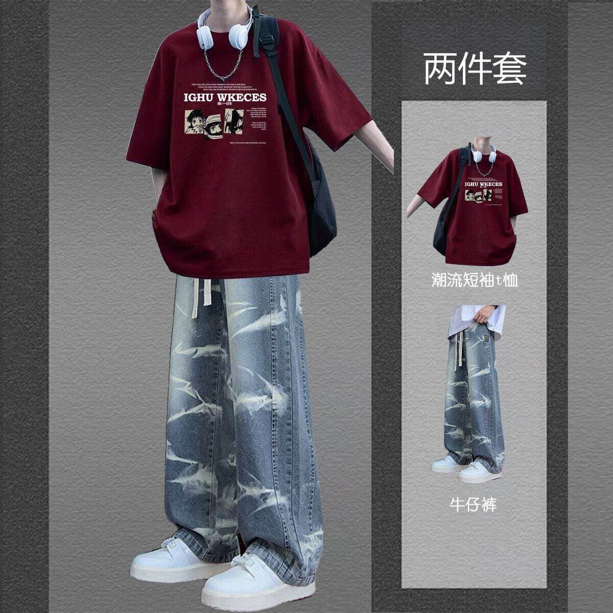 Summer Set Stylish Short Sleeve T-Shirt with Tie-Dye Jeans for Teen Boys Middle School Student Outfit Men's Set
