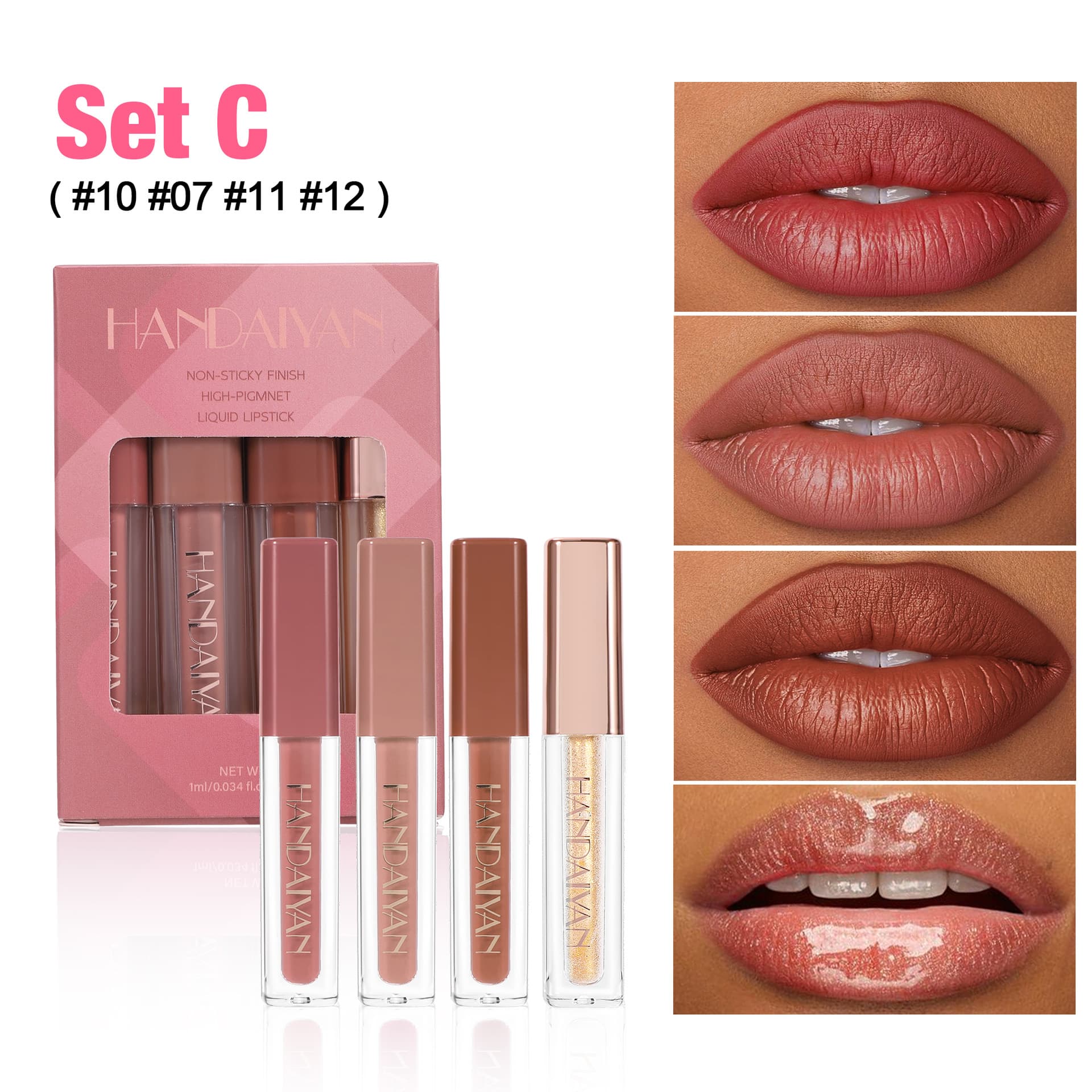 Cross-border Lip Gloss Set Square Tube Lip Gloss HANDAIYAN Waterproof Easy Color Pearl Matte Lip Gloss Set