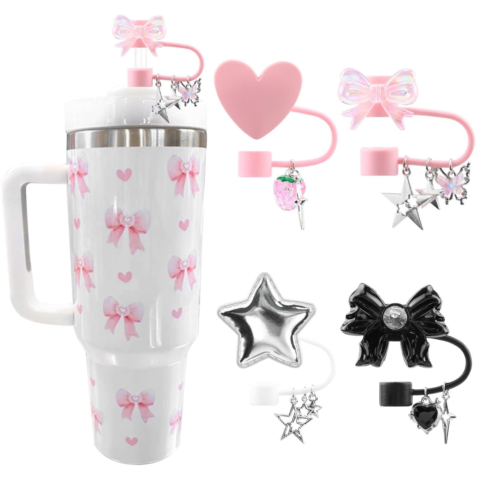 Silicone Straw Cover with Heart Design for Stanley Cup, Glitter Star Heart Bow Resin Straw Topper