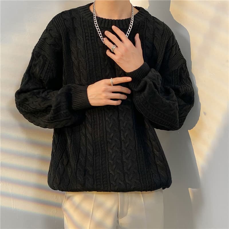 Japanese Style Cable Knit Long Sleeve Sweater Unisex Thick Loose Crew Neck Pullover Base Layer Ins Trendy Autumn Winter Knitwear