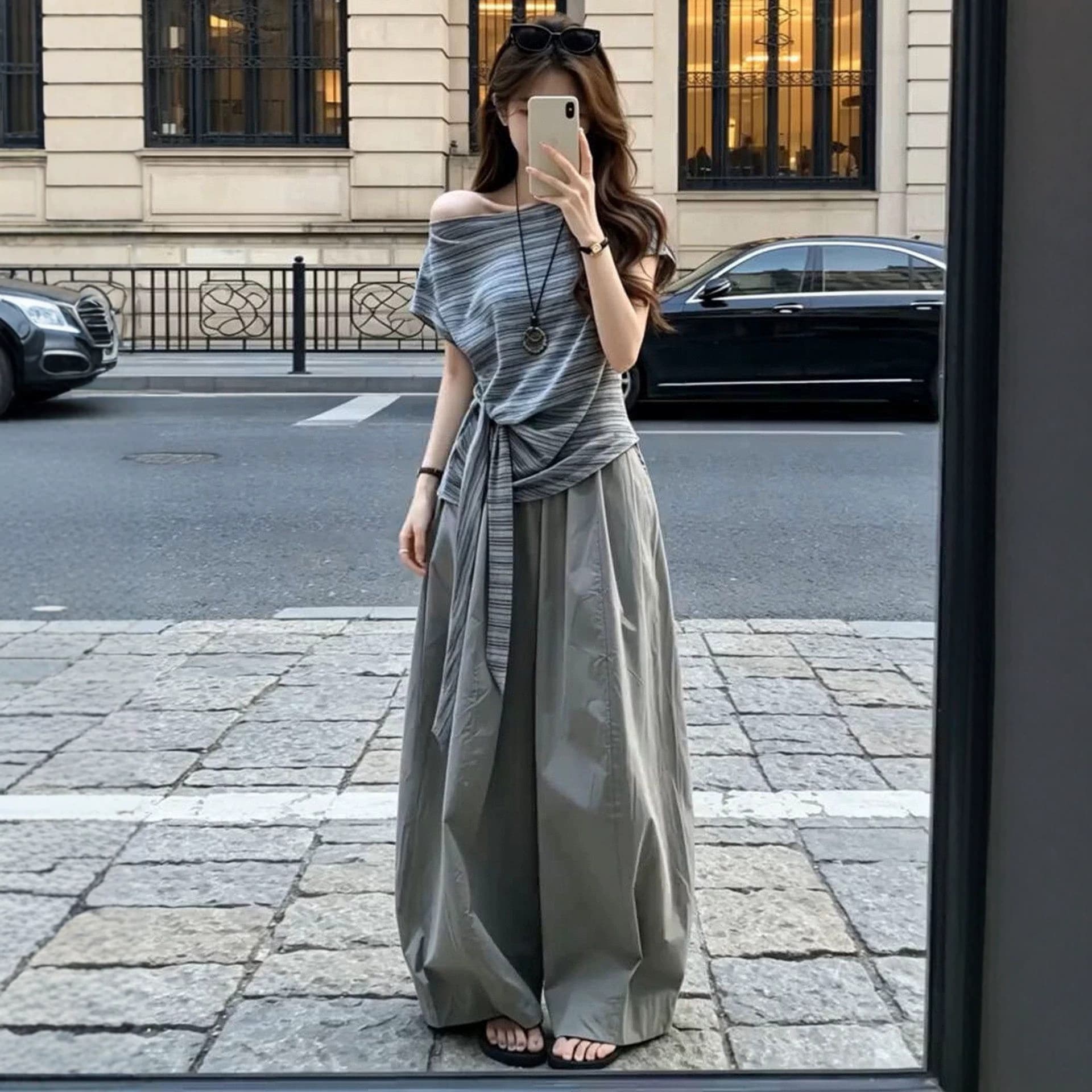 Korean style wear 2026 new oblique shoulder striped short-sleeved T-shirt women's summer wide-leg pants suit Korean style summer suit
