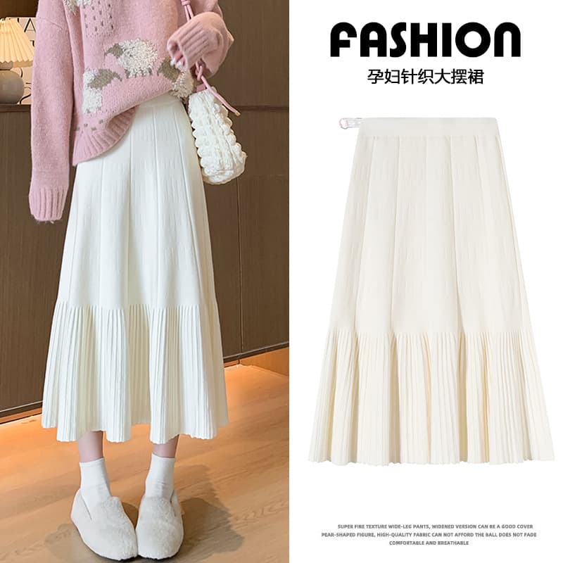 Maternity Wear Fall/Winter New Knitted Half Skirt, Fashionable Slimming Mid-Length Flared Skirt with Hip Coverage