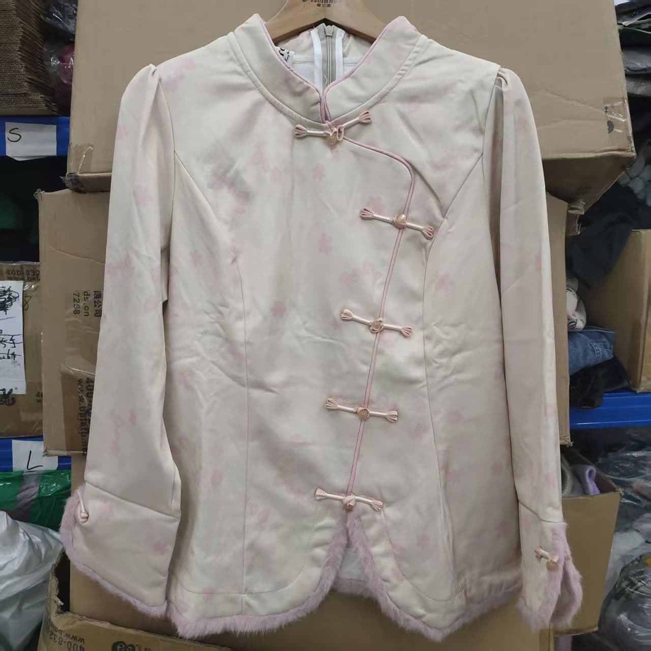 Trendy New Chinese Style Women's Fleece Top with Flanged Buttons and Frayed Edges, Warm Long Sleeves