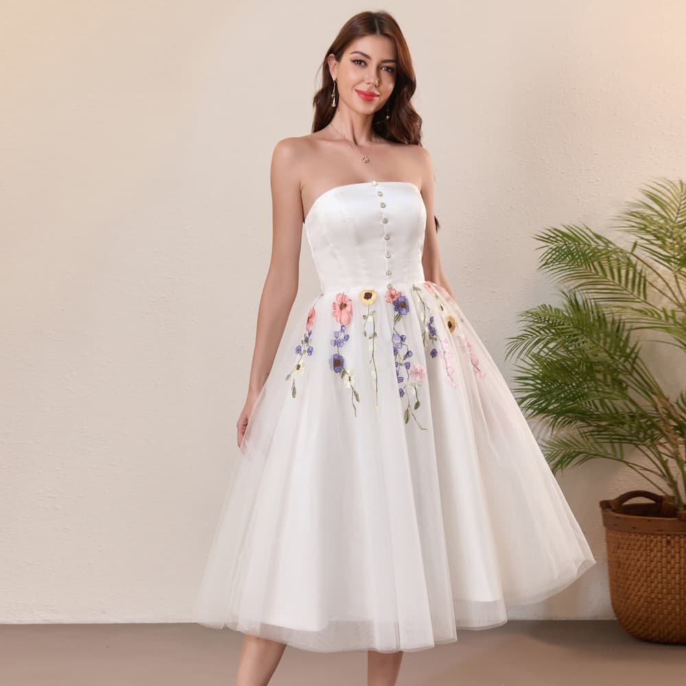 Cross-border Amazon Best-selling Strapless Short Dress Chinese Style Heavy 3D Flowers Marriage Certificate White Dress Daily Wear
