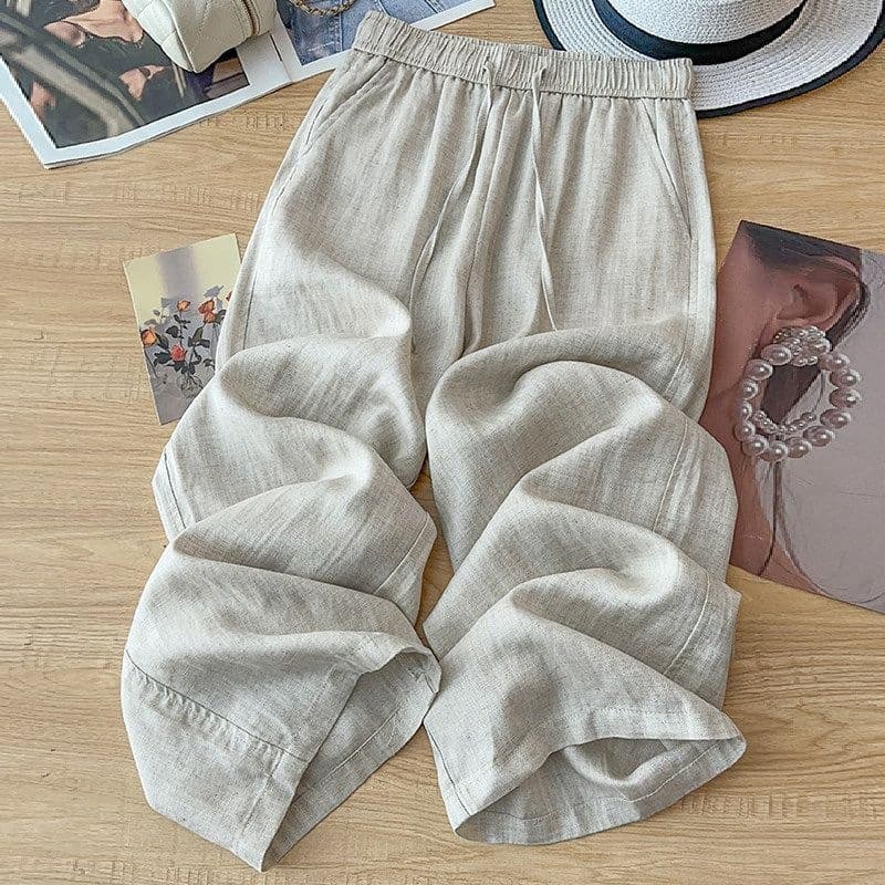 Linen Wide Leg Pants for Women New Summer Simple Cotton Linen Loose Plus Size Nine-Point Straight Trousers Breathable Draped Casual