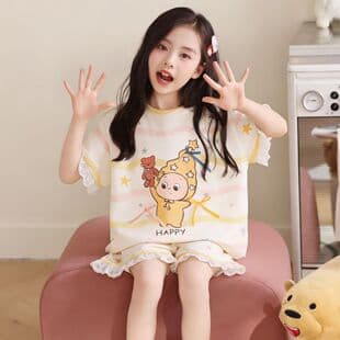 Children's Pajamas Girls Summer Cartoon Short Sleeve Set Cute Princess Style Medium and Large Kids Home Wear New Summer