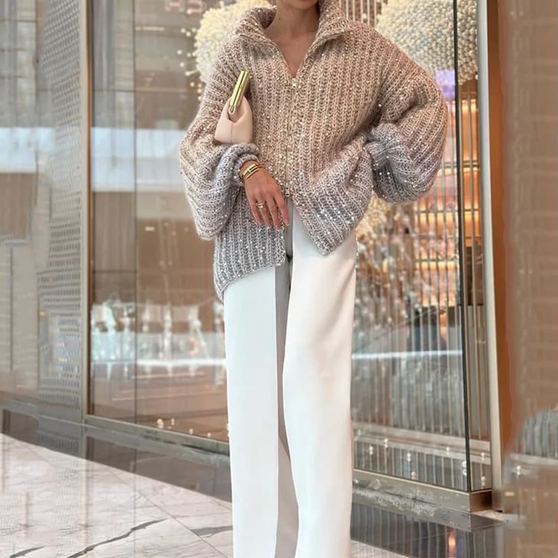Ladies Thickened Long Sleeve Knitted Sweater Coat V-neck Casual Style Polyester Fiber Autumn Winter Fashion Outerwear