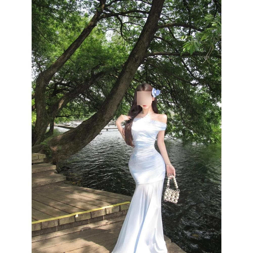 This year's popular stunning mesh one-shoulder ombre dress, waist-cinching, slimming, elegant vacation fairy mermaid dress